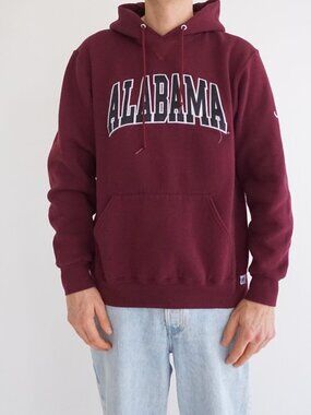 Vintage 90s' Russell Athletic Burgundy Alabama Spellout Logo Hoodie Sweatshirt L